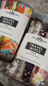 piper lane kids co travel wipes. a five count assortment of 6 inch fabric squares. 2-ply cotton - one side fabric and one side Terry cloth.